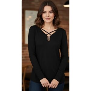 Rock & Republic Criss Cross Black Long Sleeve Top